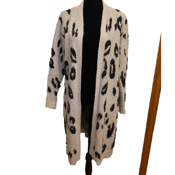 Knox Rose Leopard Cardigan Sweater Duster Womens Small Gray Black Long Knit - Picture 6 of 9